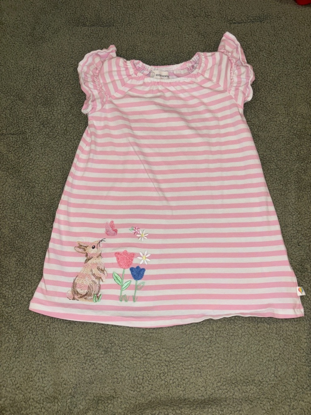 Girls' Pink Stripe Casual Dress with Bunny Embroidery